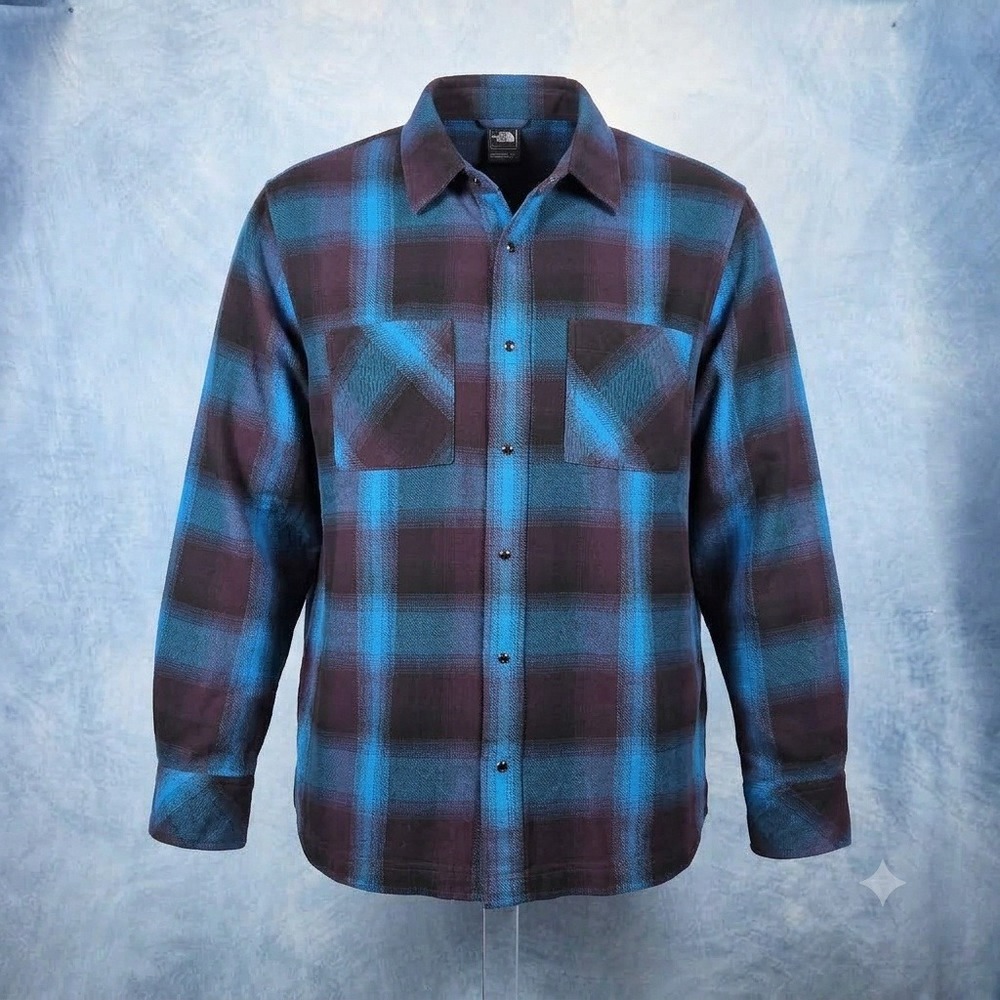 The North Face Mens XL Flannel Shirt Jacket Blue Purple Plaid Button Down Heavy
